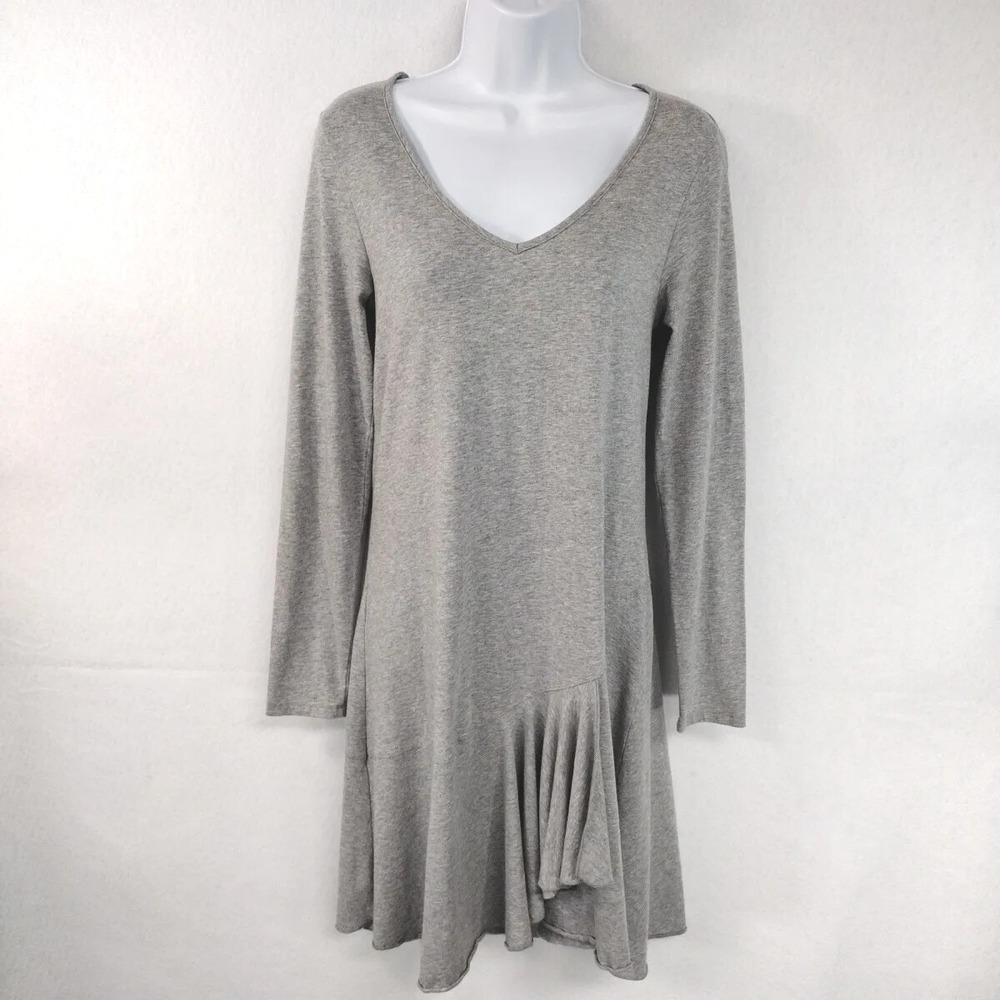 Mododoc Women S Long Sleeve Dress Gray Asymmetrical Ruffle Hem Cotton Modal